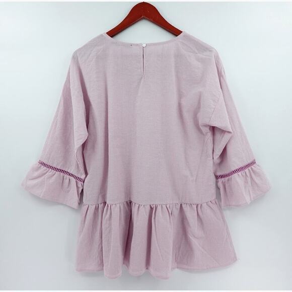 Womens Peplum Top Medium Pink Striped Ruffled Embroidered Cottagecore Modest - Picture 6 of 15
